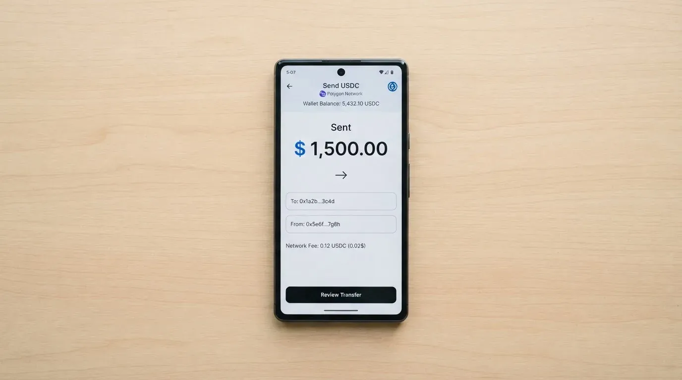 A phone showing a stablecoin transfer screen