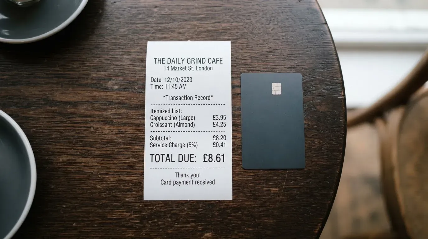 A receipt and a card on a café table