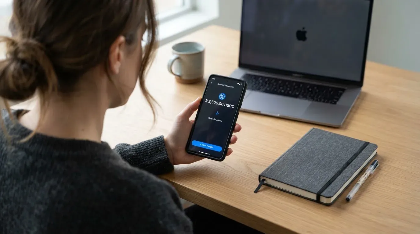 A phone showing a stablecoin transfer screen