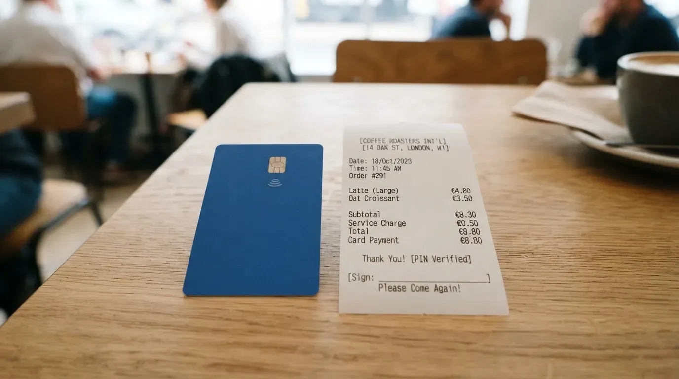 A receipt and a card on a café table