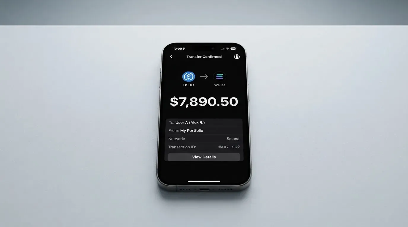 A phone showing a stablecoin transfer screen