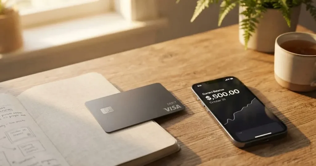 A payment card next to a phone with a crypto wallet app open