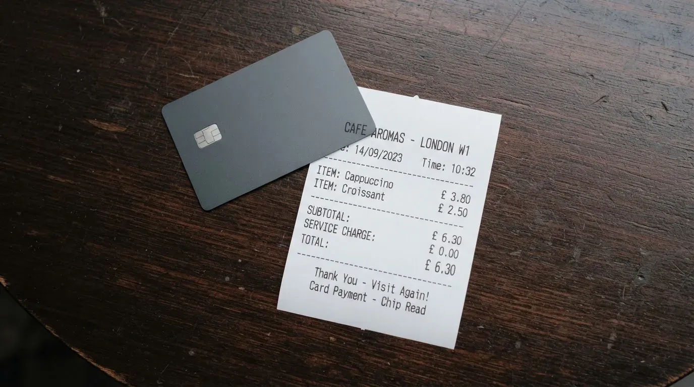 A receipt and a card on a café table
