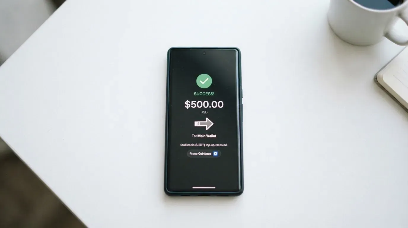 A phone showing a stablecoin transfer screen