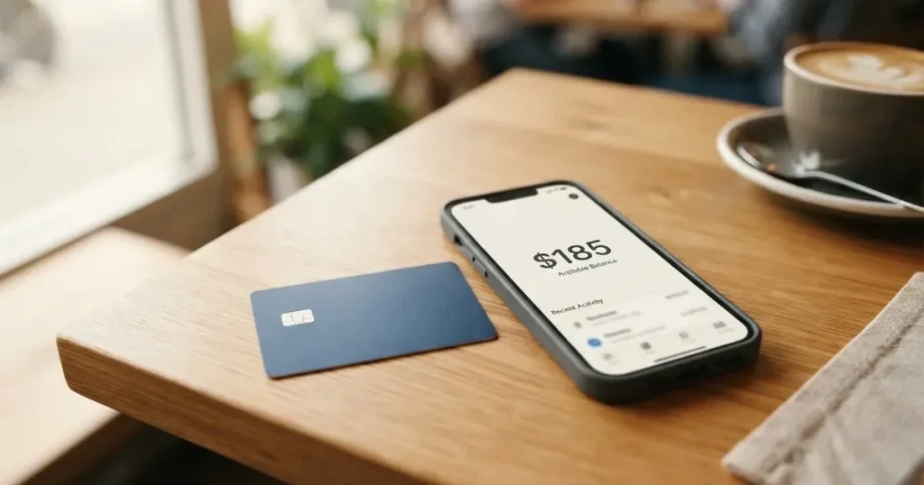 A payment card next to a phone with a crypto wallet app open