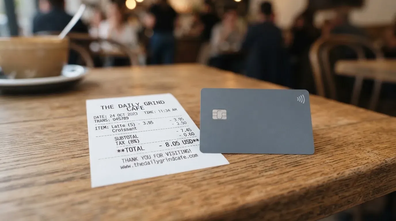 A receipt and a card on a café table