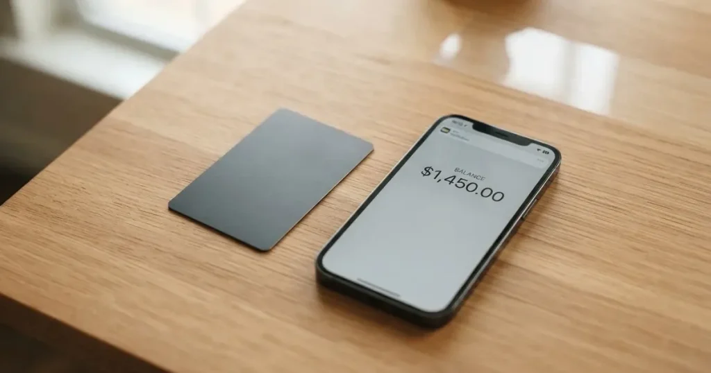 A payment card next to a phone with a crypto wallet app open
