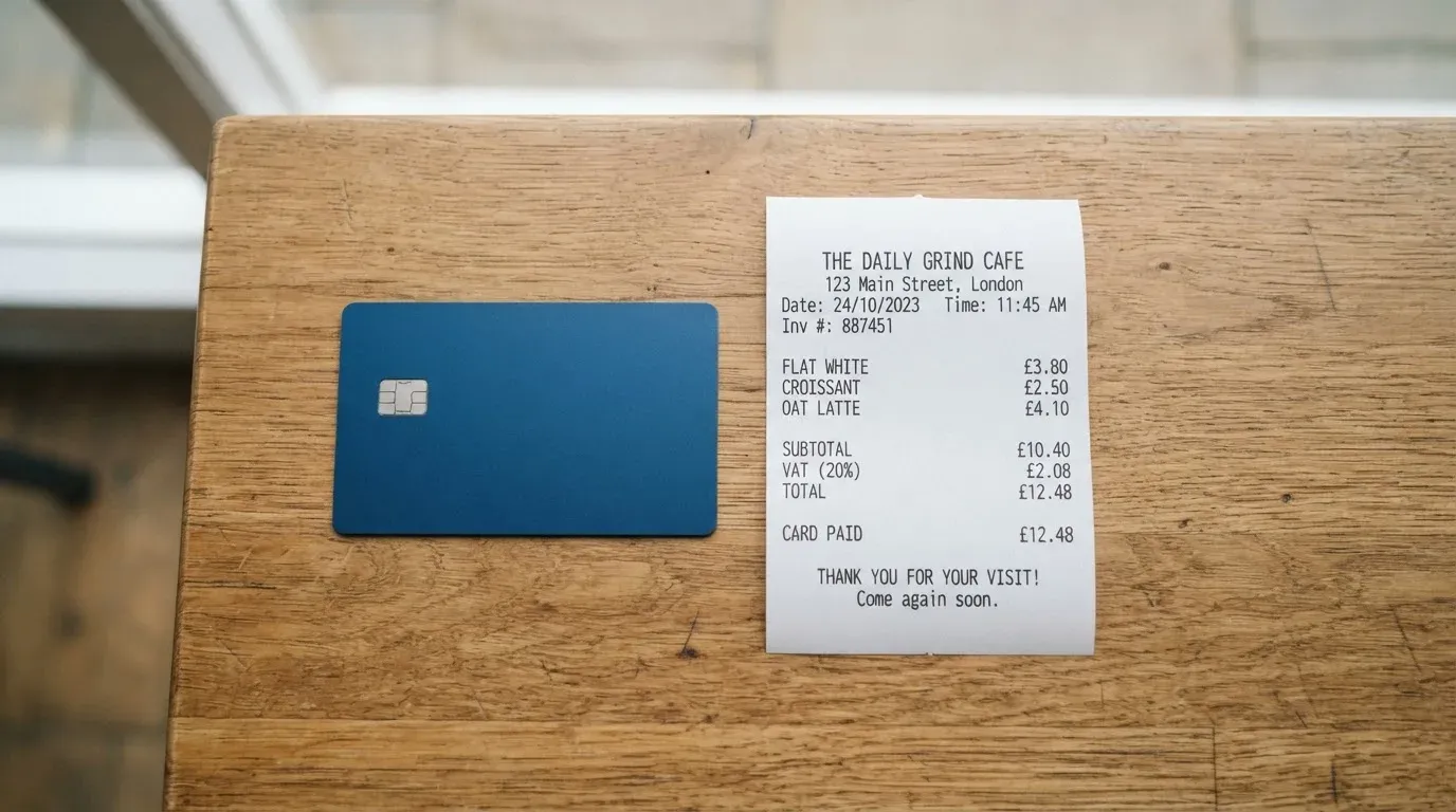 A receipt and a card on a café table