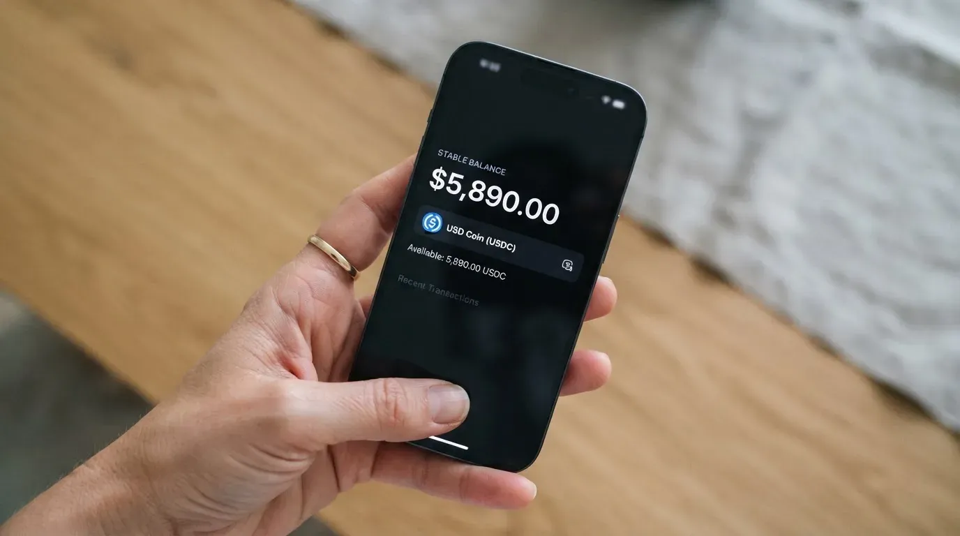 A phone showing a stablecoin transfer screen