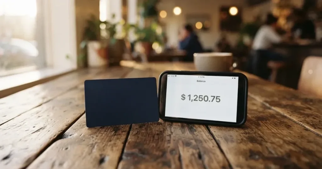 A payment card next to a phone with a crypto wallet app open