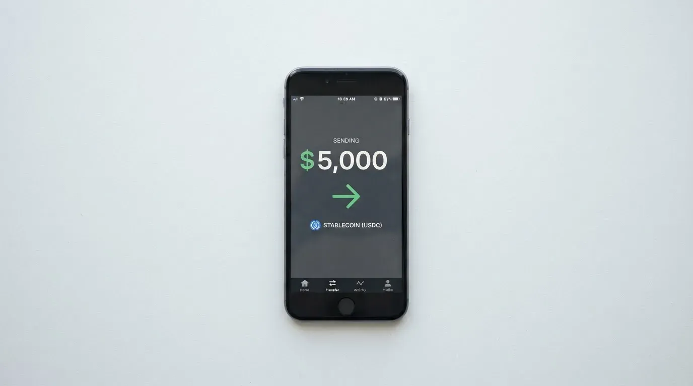 A phone showing a stablecoin transfer screen