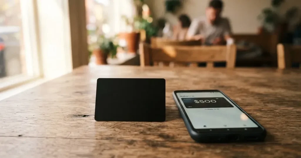 A payment card next to a phone with a crypto wallet app open