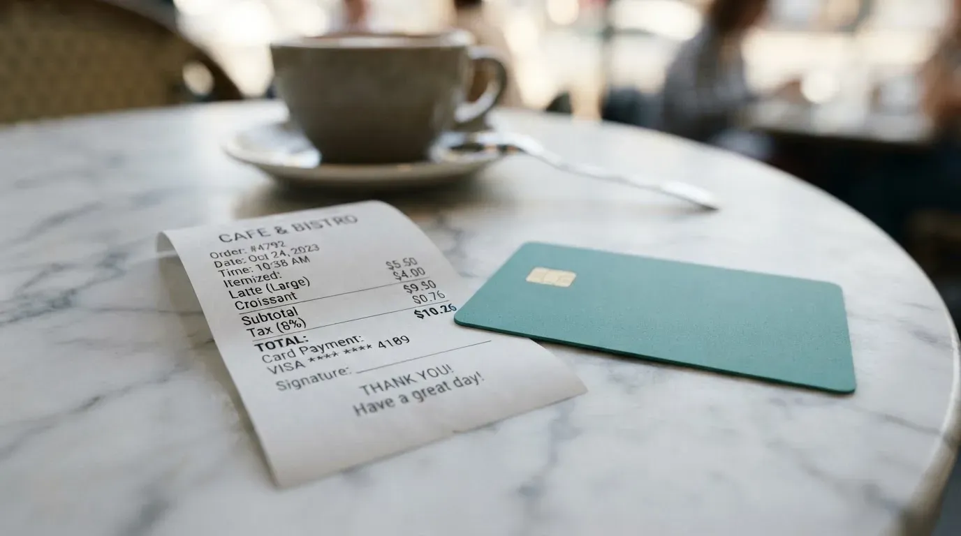 A receipt and a card on a café table