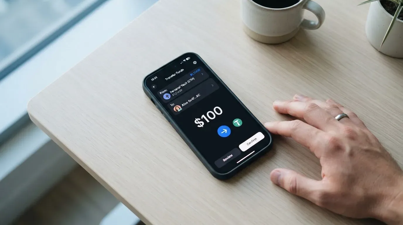 A phone showing a stablecoin transfer screen
