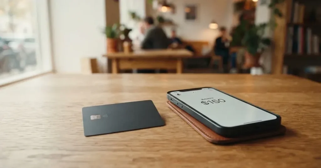 A payment card next to a phone with a crypto wallet app open