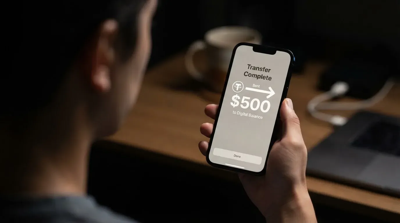 A phone showing a stablecoin transfer screen