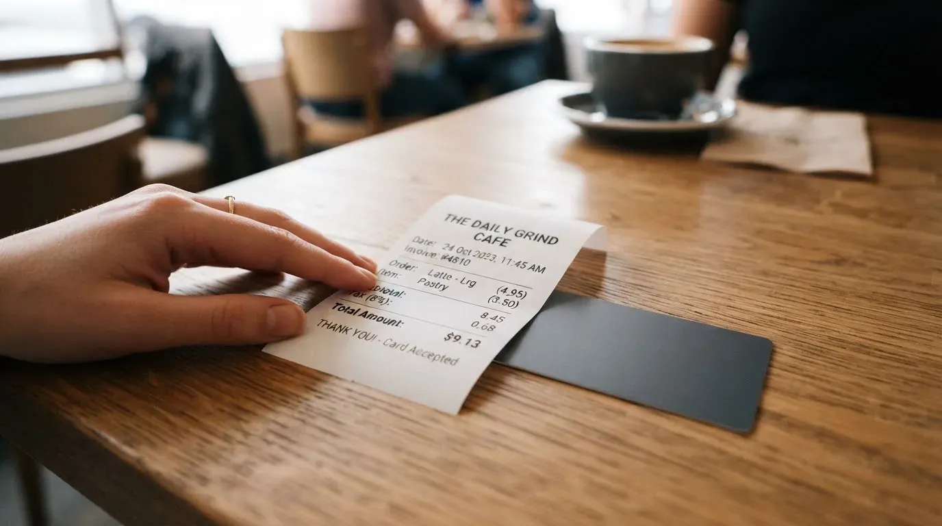 A receipt and a card on a café table