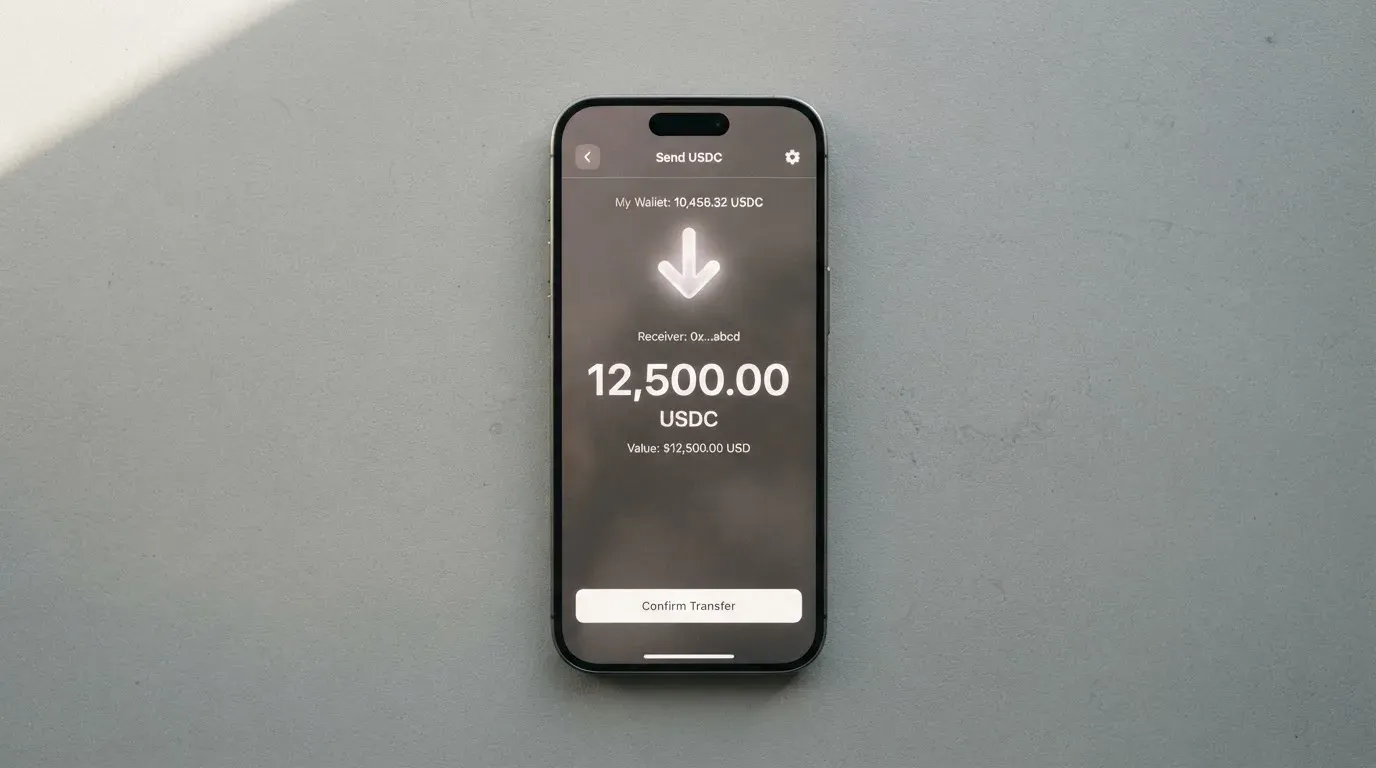 A phone showing a stablecoin transfer screen