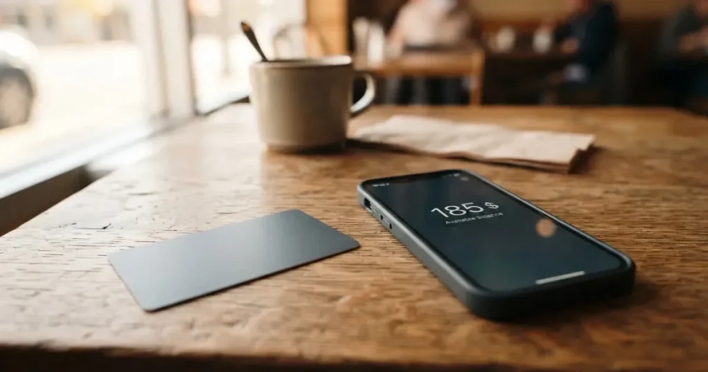 A payment card next to a phone with a crypto wallet app open