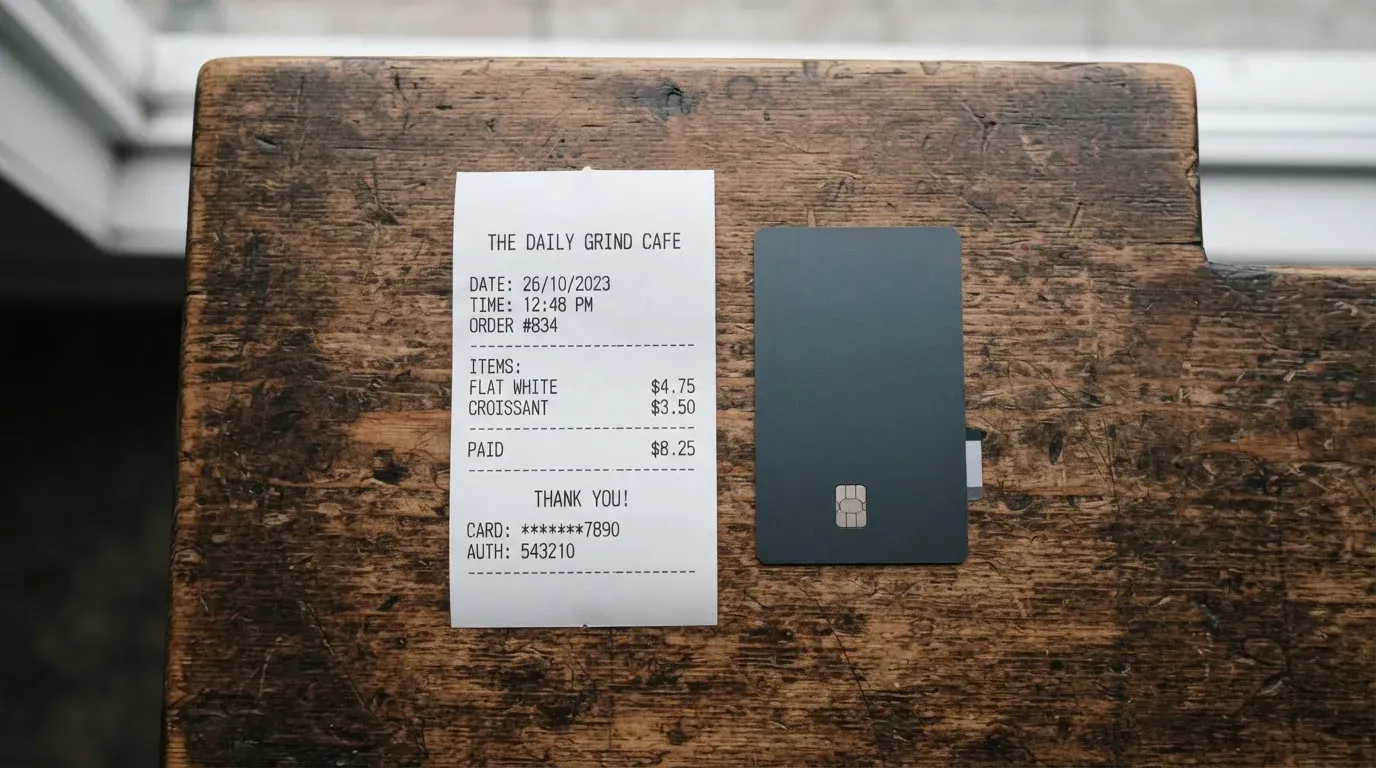 A receipt and a card on a café table