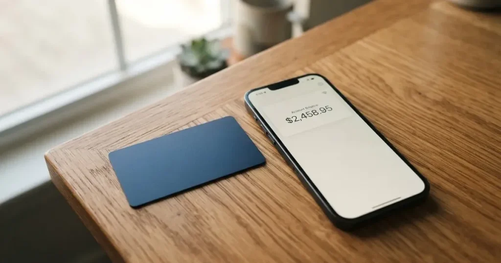 A payment card next to a phone with a crypto wallet app open