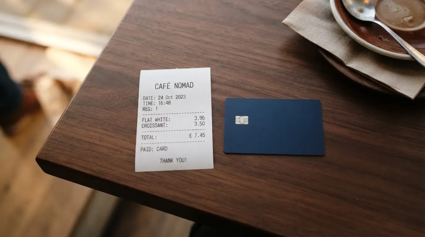 A receipt and a card on a café table