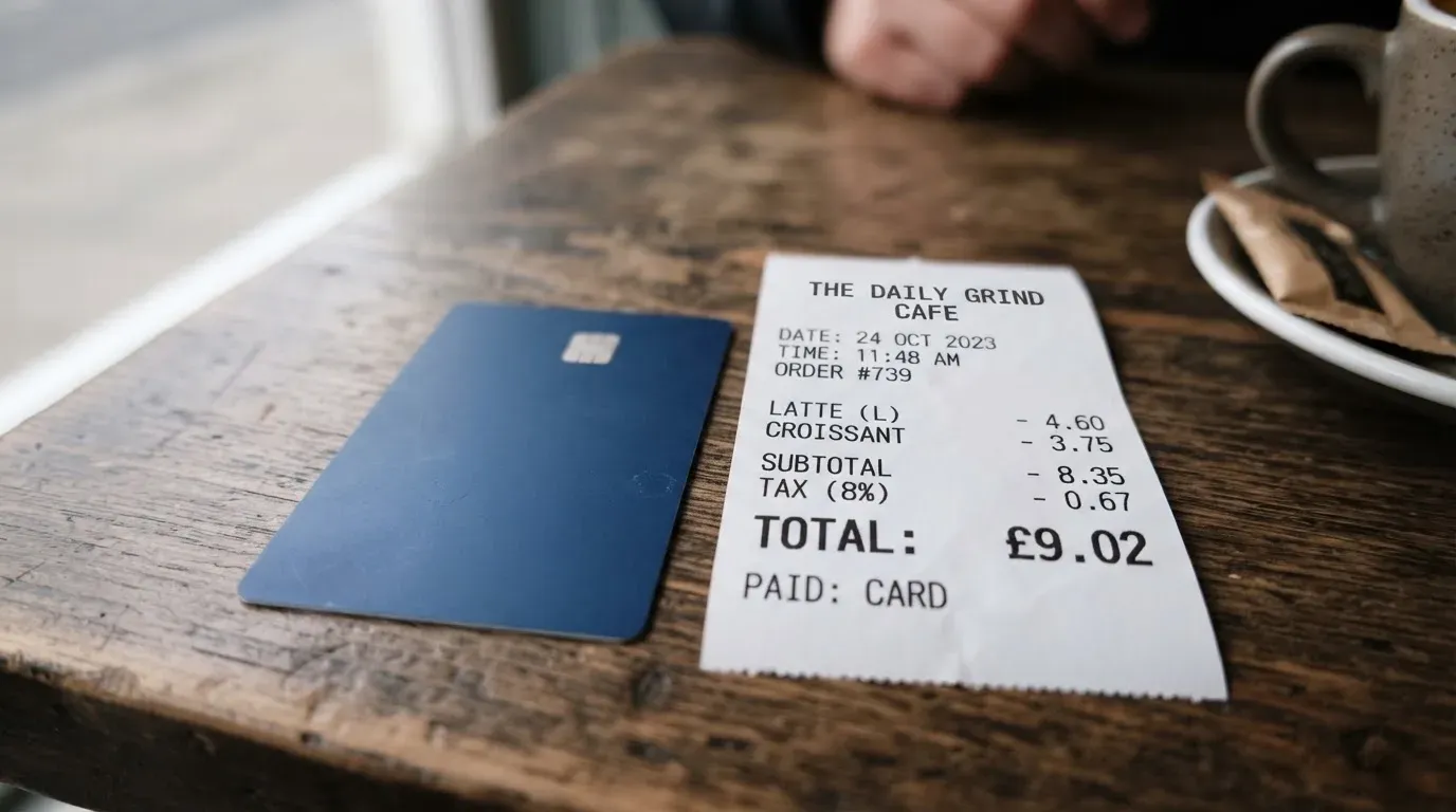 A receipt and a card on a café table
