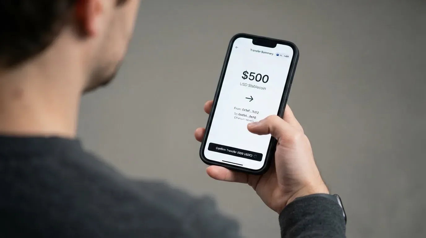 A phone showing a stablecoin transfer screen