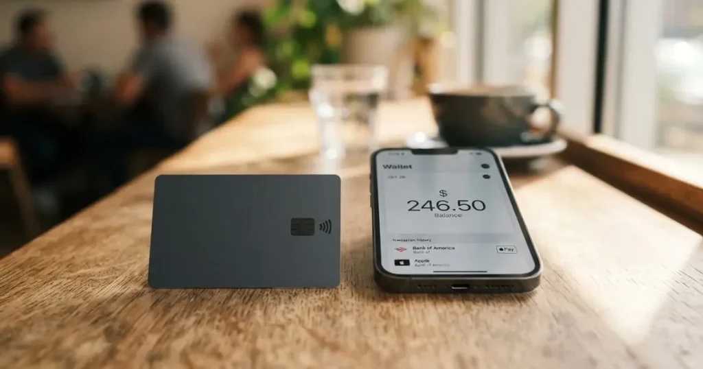 A payment card next to a phone with a crypto wallet app open