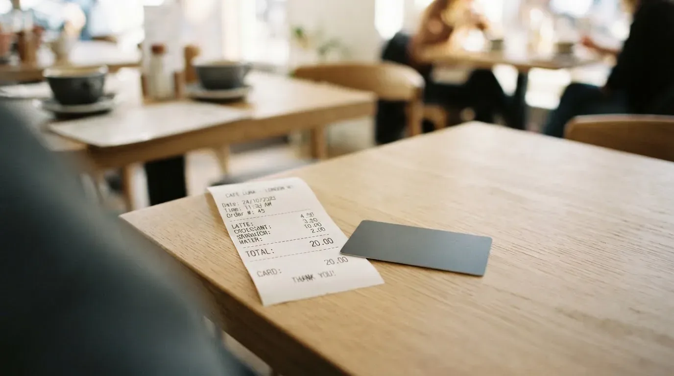 A receipt and a card on a café table
