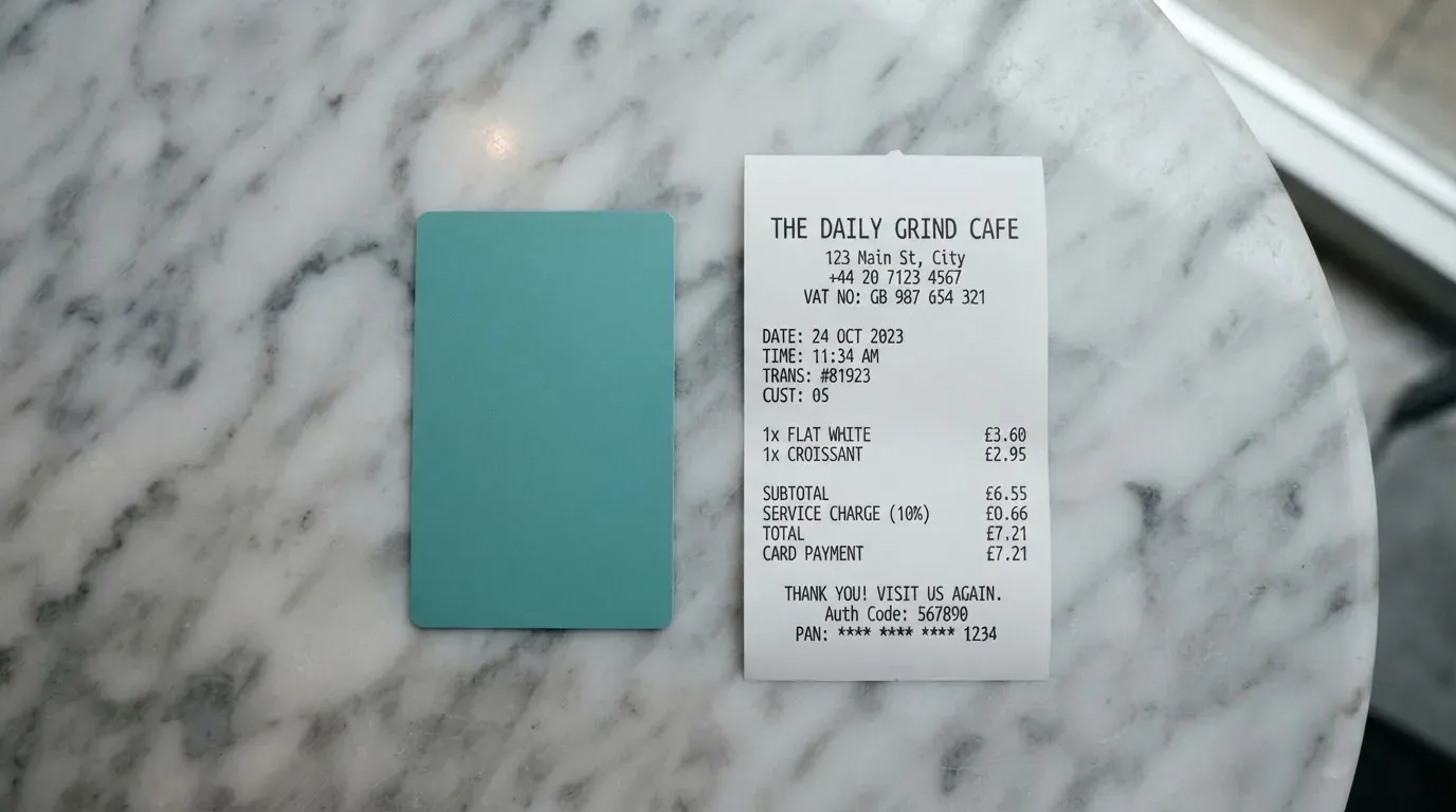 A receipt and a card on a café table