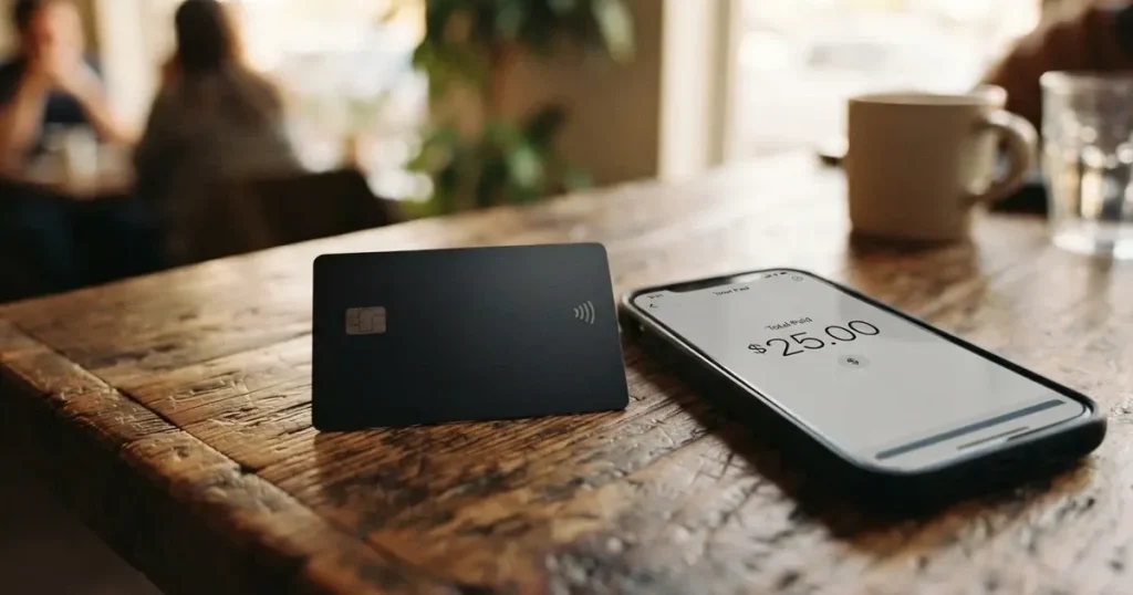 A payment card next to a phone with a crypto wallet app open