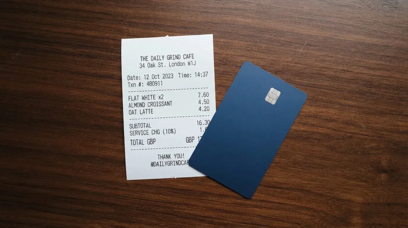 A receipt and a card on a café table