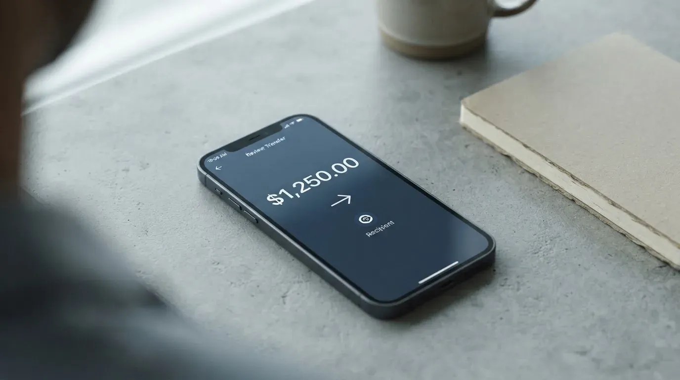 A phone showing a stablecoin transfer screen