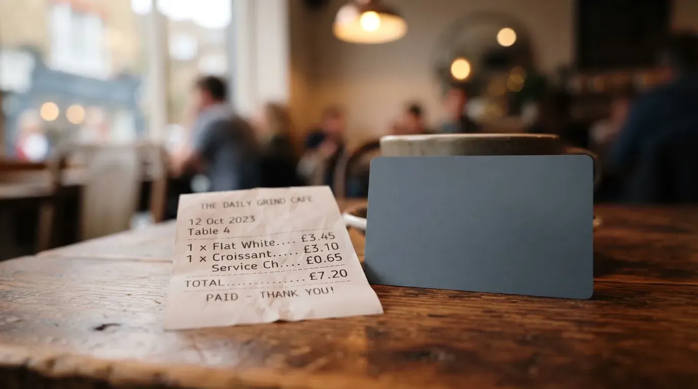 A receipt and a card on a café table