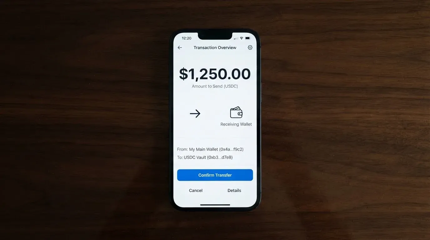 A phone showing a stablecoin transfer screen