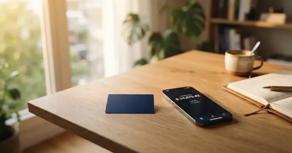 A payment card next to a phone with a crypto wallet app open