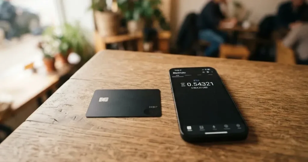 A payment card next to a phone with a crypto wallet app open