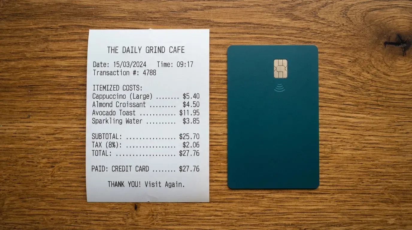 A receipt and a card on a café table