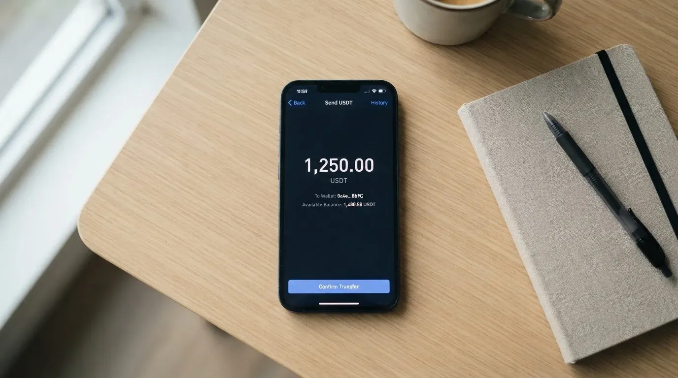A phone showing a stablecoin transfer screen