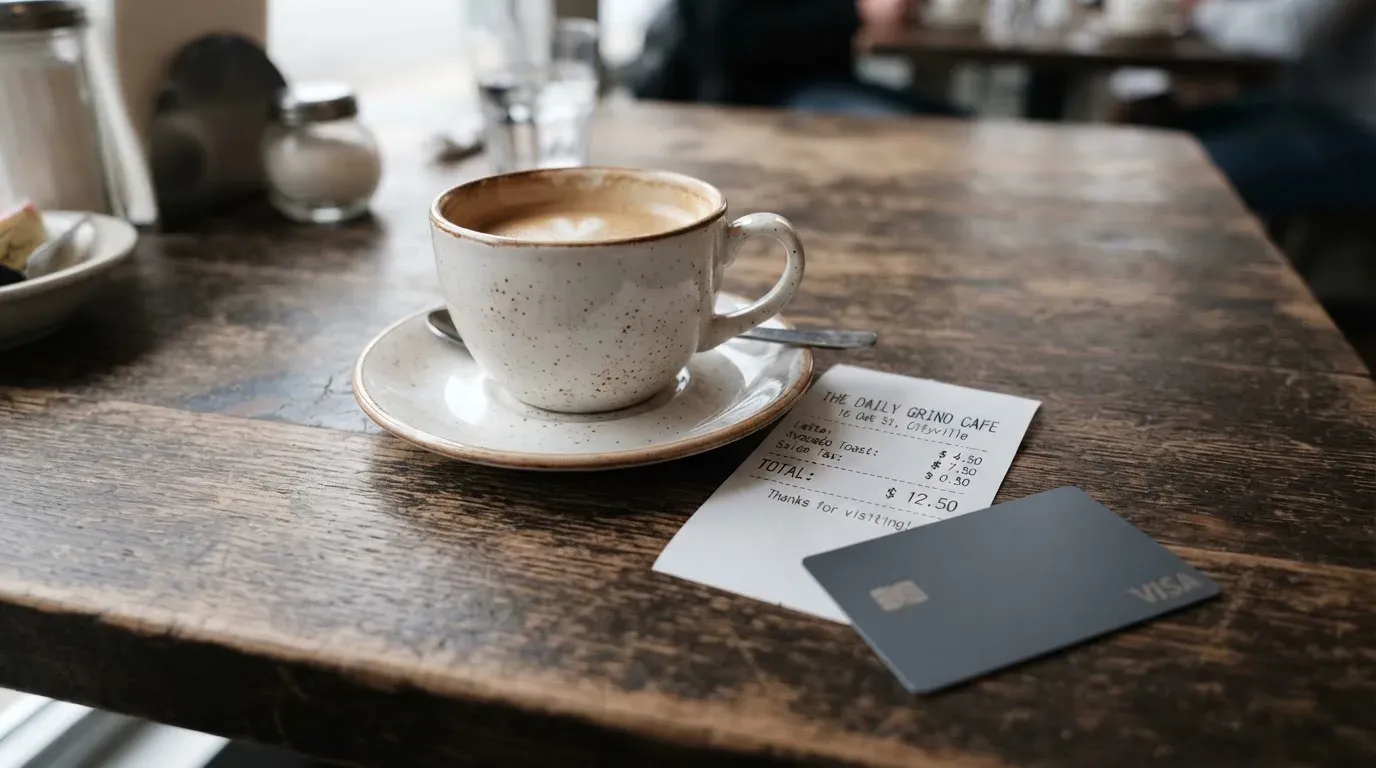 A receipt and a card on a café table