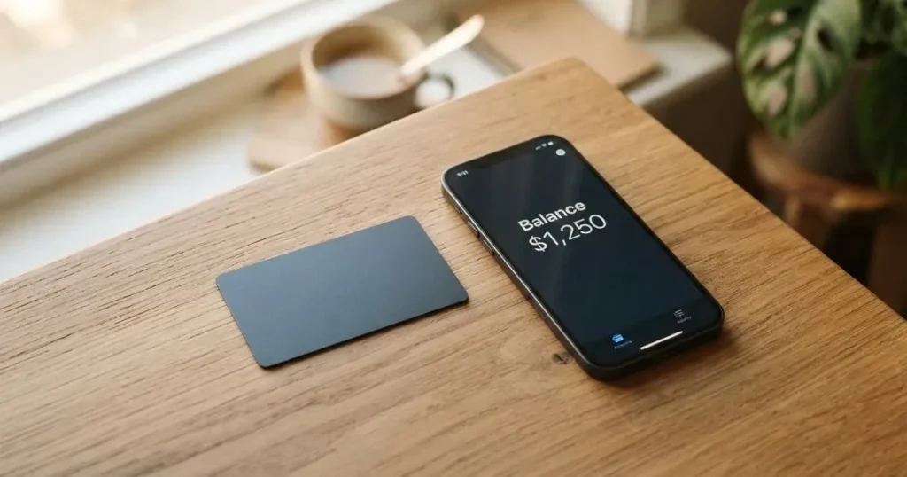 A payment card next to a phone with a crypto wallet app open