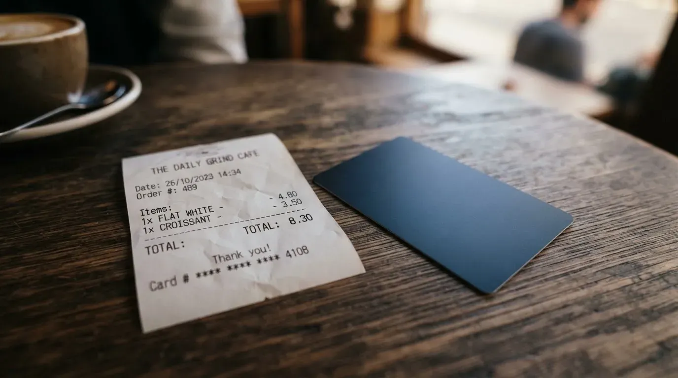 A receipt and a card on a café table