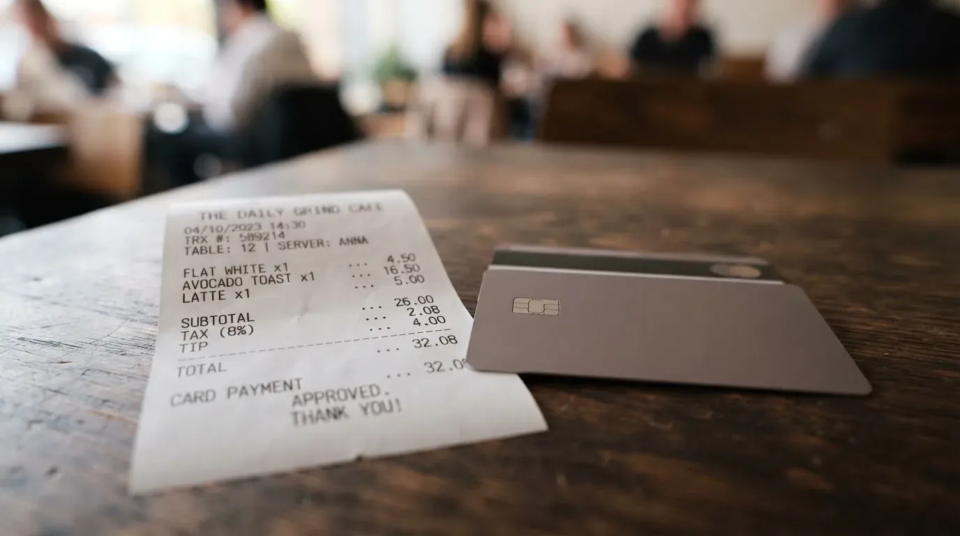 A receipt and a card on a café table