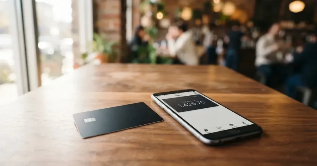 A payment card next to a phone with a crypto wallet app open