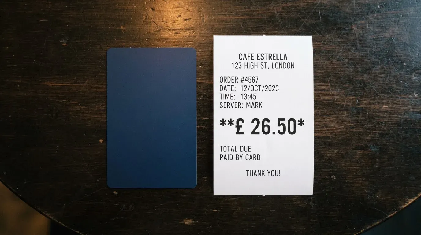 A receipt and a card on a café table