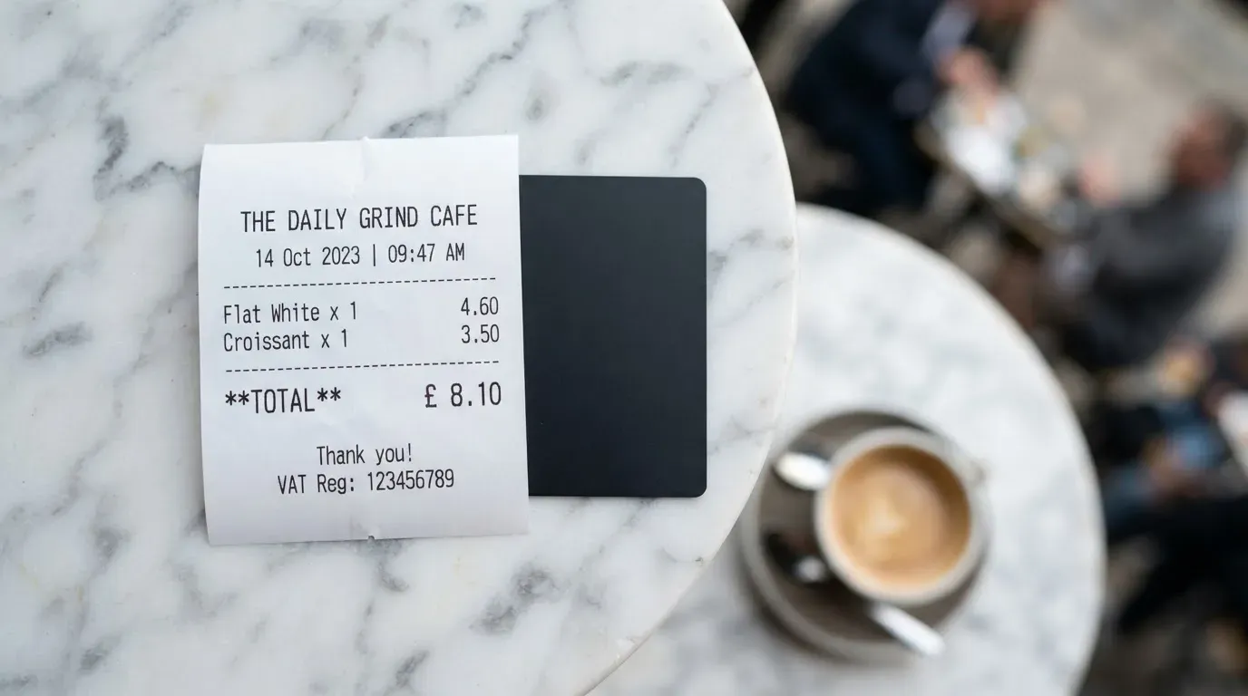 A receipt and a card on a café table
