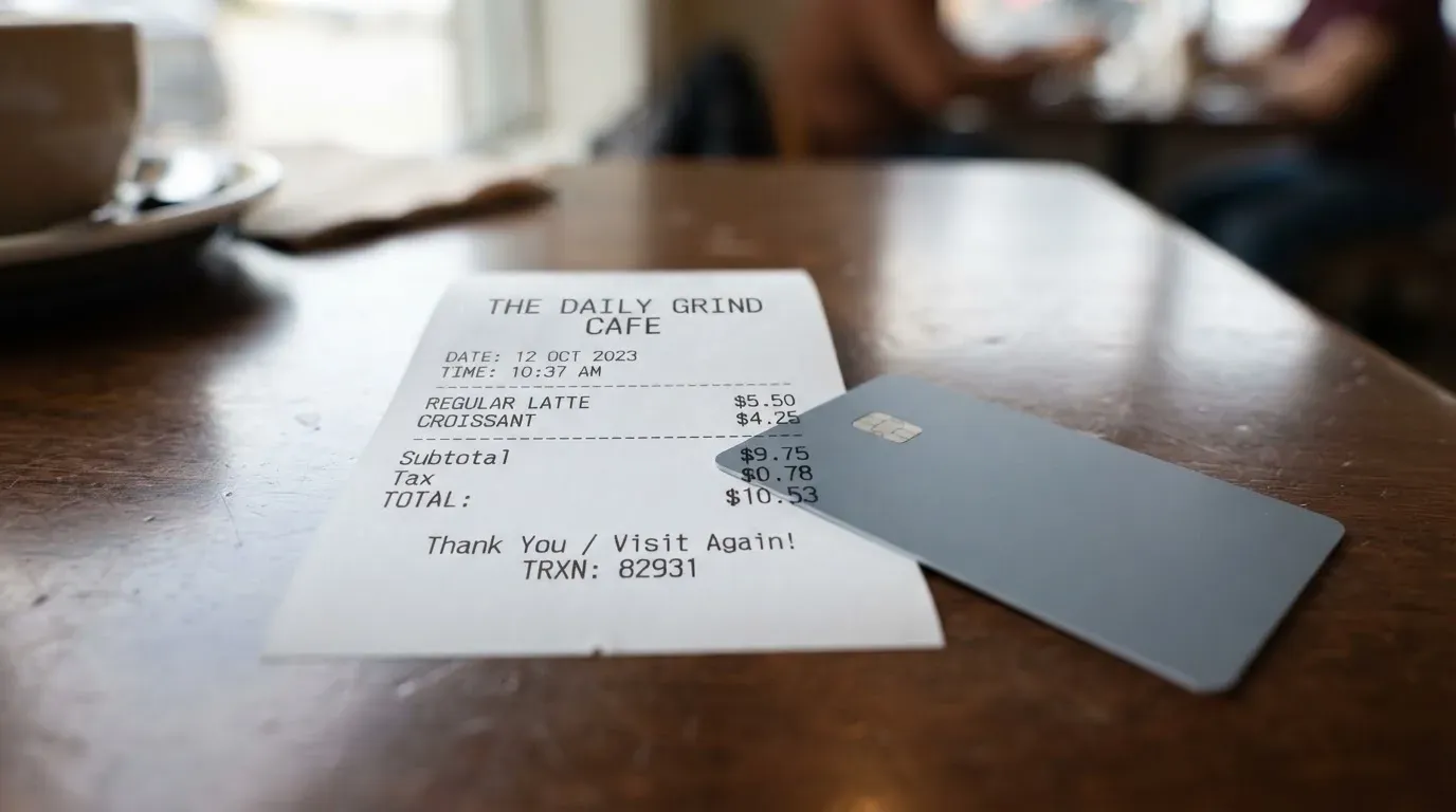 A receipt and a card on a café table