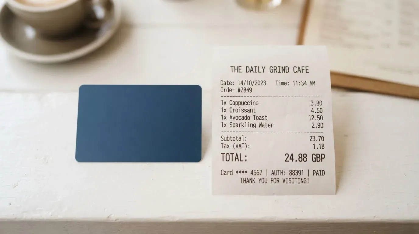 A receipt and a card on a café table