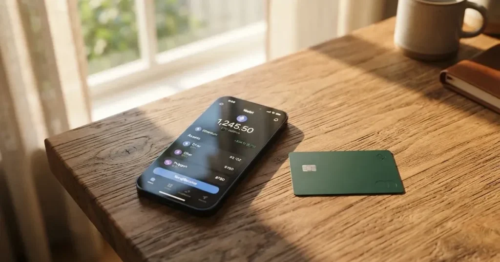 A payment card next to a phone with a crypto wallet app open